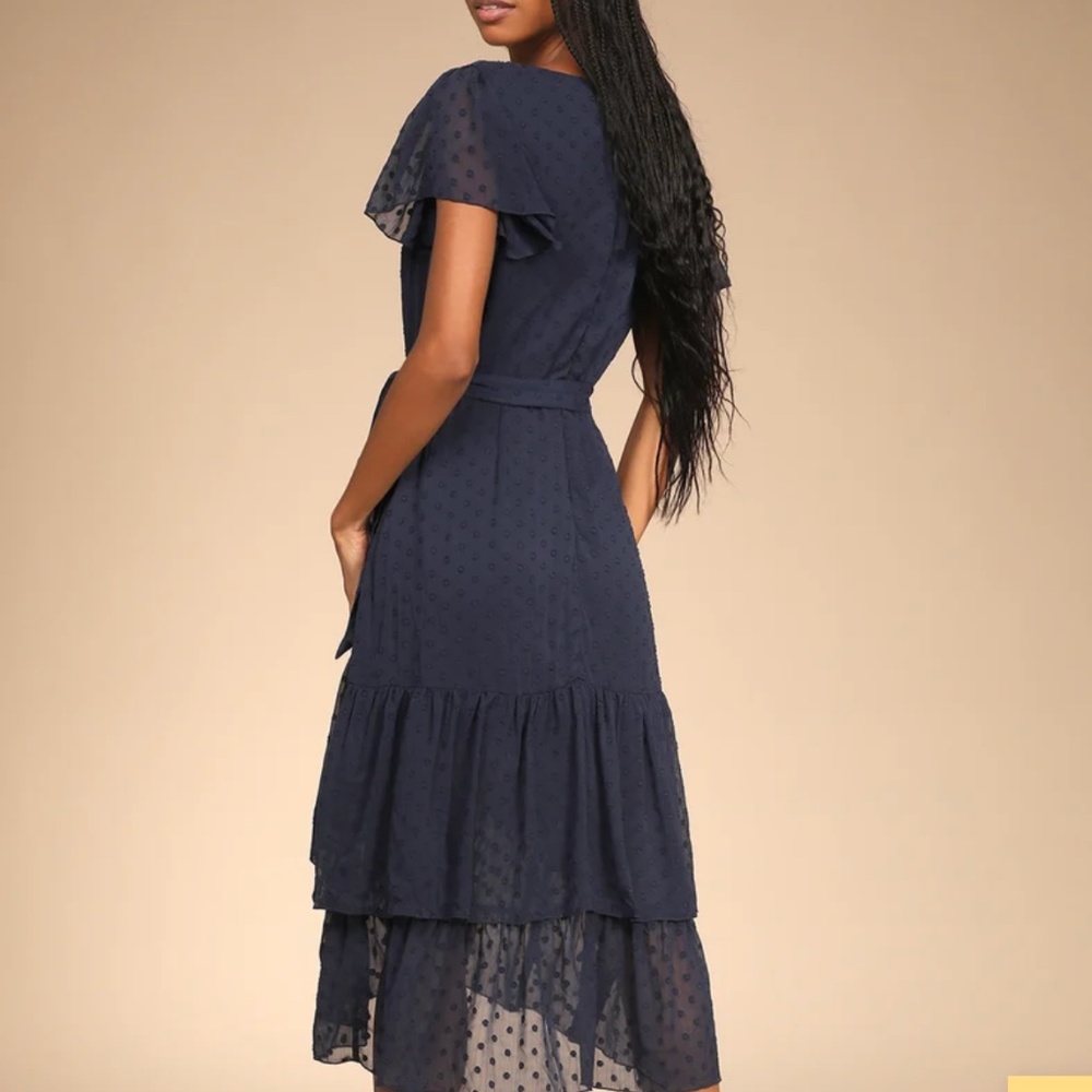 Navy Blue Swiss Dot Ruffled Faux Wrap Midi Dress